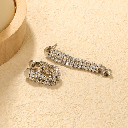 6.4*35.9mm three white diamond tassels earrings steel color/golden color asonjewelry