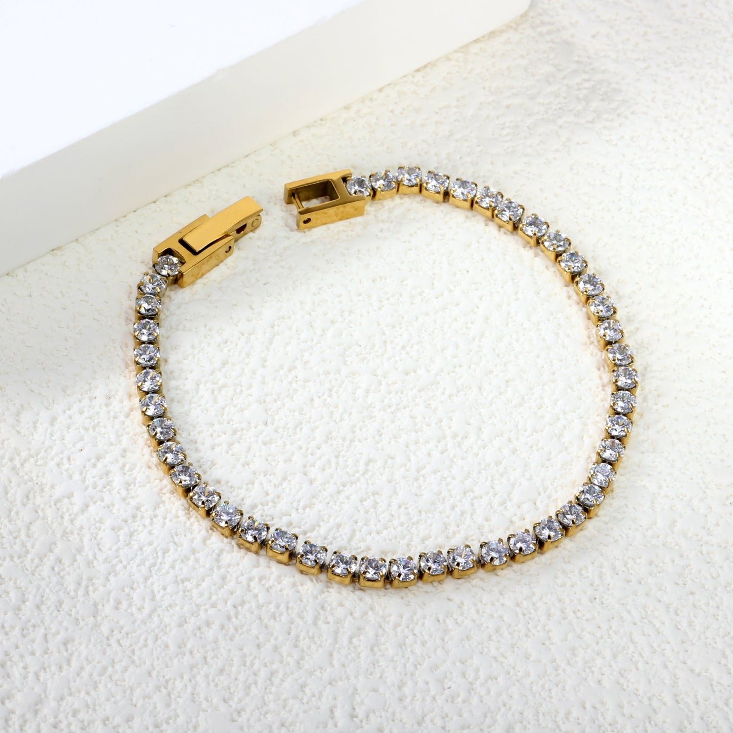 2mm/3mm Round White/Black Crystal Zirconia 17cm Clasp Bracelet Steel/Golden asonjewelry