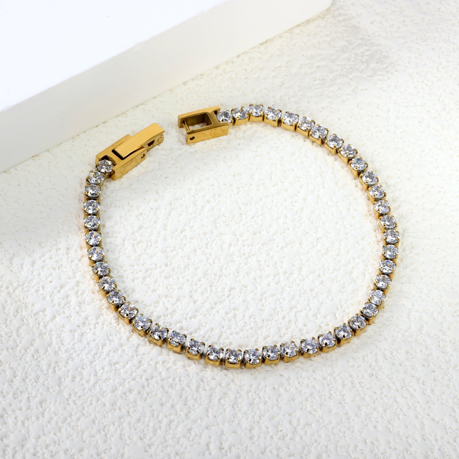 2mm/3mm Round White/Black Crystal Zirconia 17cm Clasp Bracelet Steel/Golden asonjewelry