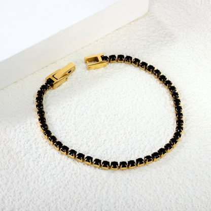 2mm/3mm Round White/Black Crystal Zirconia 17cm Clasp Bracelet Steel/Golden asonjewelry