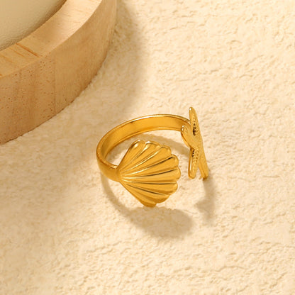2-Piece Gold Ocean Ring Set: Starfish, Shell & Double Starfish Designs asonjewelry