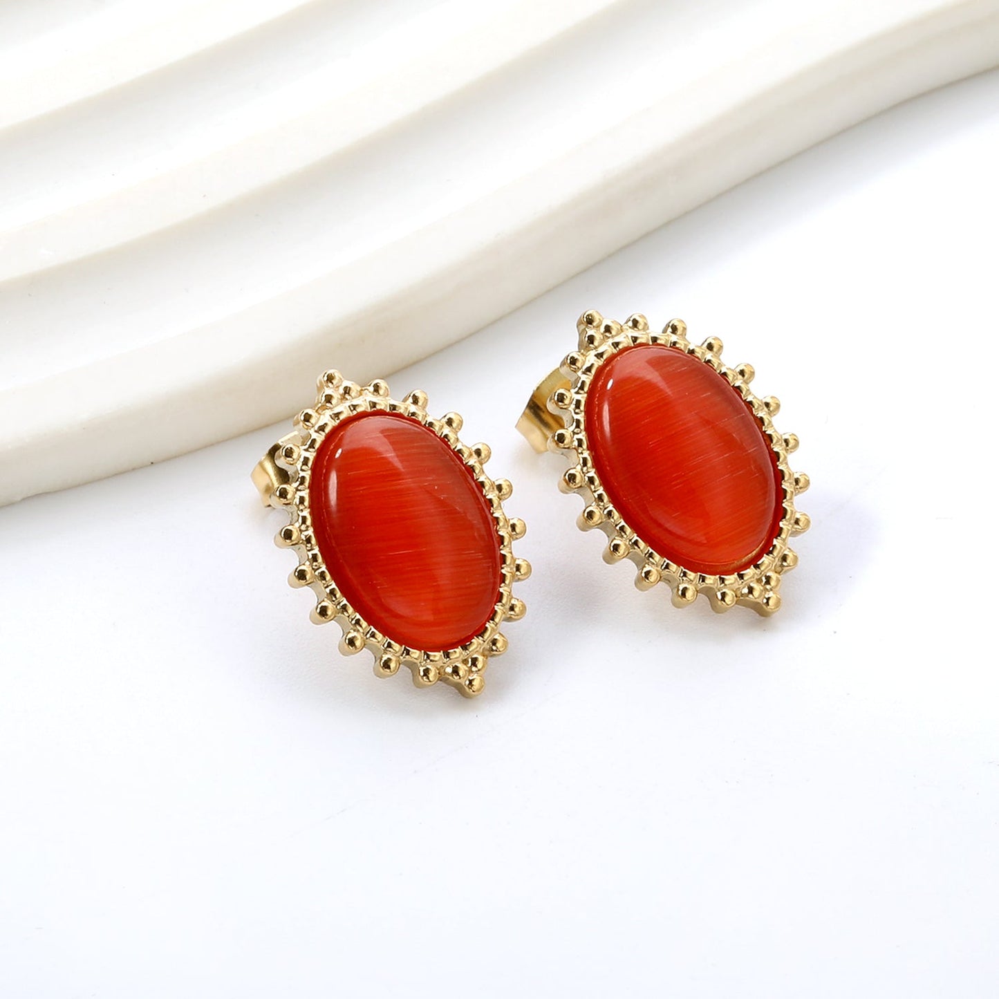 Loose Bead Edge Oval with White / Black / Red / Green Cat's Eye Stones Earrings 14.8*21mm asonjewelry