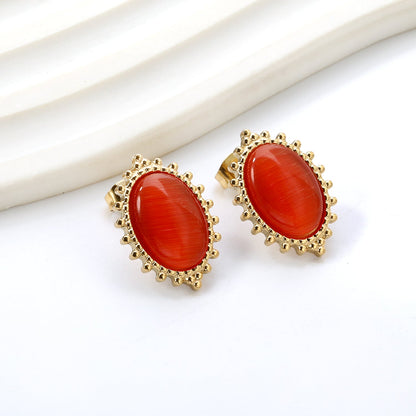 Loose Bead Edge Oval with White / Black / Red / Green Cat's Eye Stones Earrings 14.8*21mm asonjewelry