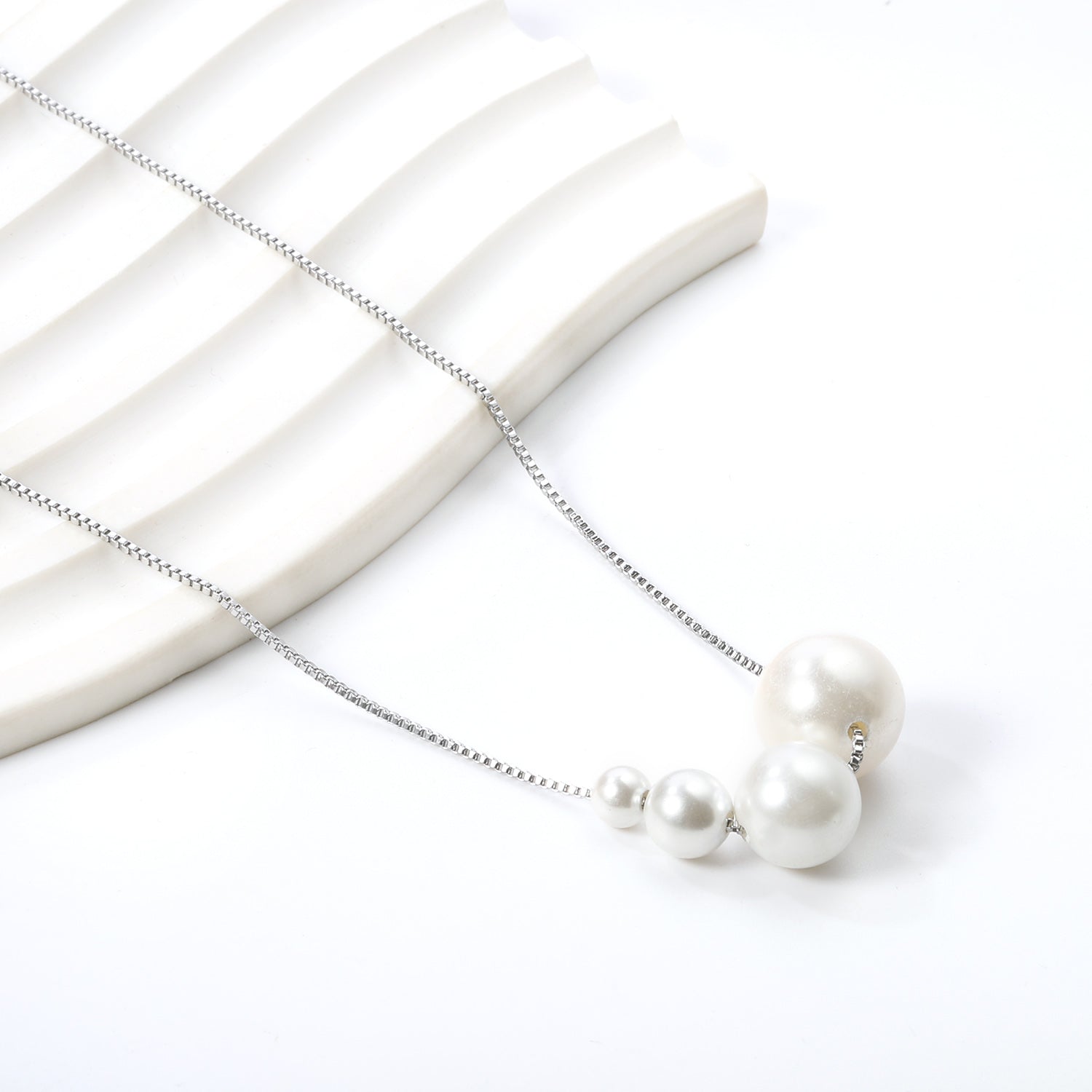 4 large and small white pearls 5+7+10+12mm necklace 45+5cm steel color asonjewelry