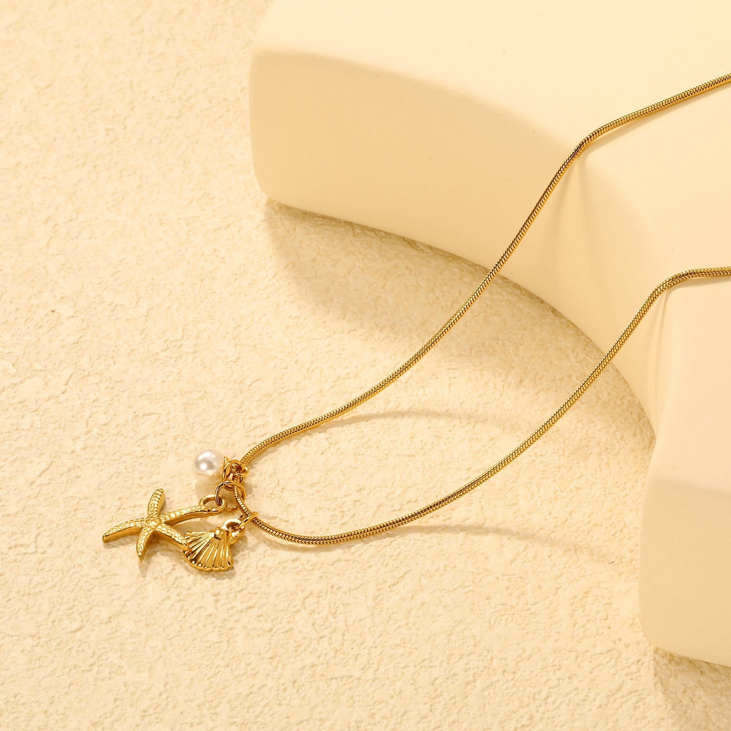 15 x 20.7mm Starfish + 10.1 x 11.4mm Shell + 5.6mm Pearl Accessories 1.2mm Round Snake Chain 40+5cm+6mm Necklace Gold asonjewelry