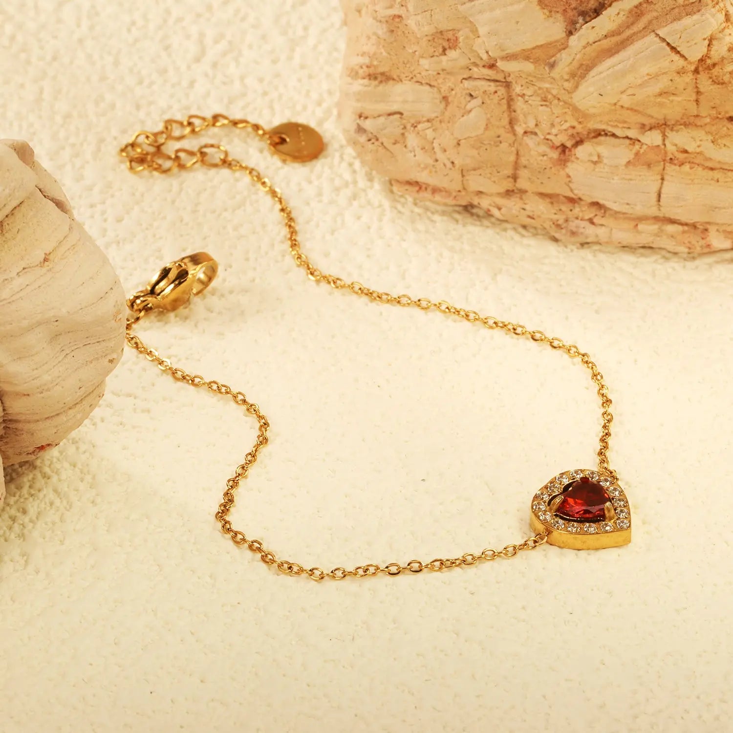 9.8*10.3mm peach heart with CNC white zirconium ring + garnet red genuine zirconium accessories bracelet 17+3cm+6mm round end plaque steel color/golden asonjewelry
