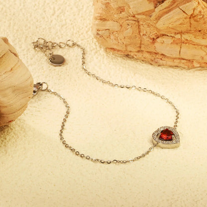 9.8*10.3mm peach heart with CNC white zirconium ring + garnet red genuine zirconium accessories bracelet 17+3cm+6mm round end plaque steel color/golden asonjewelry