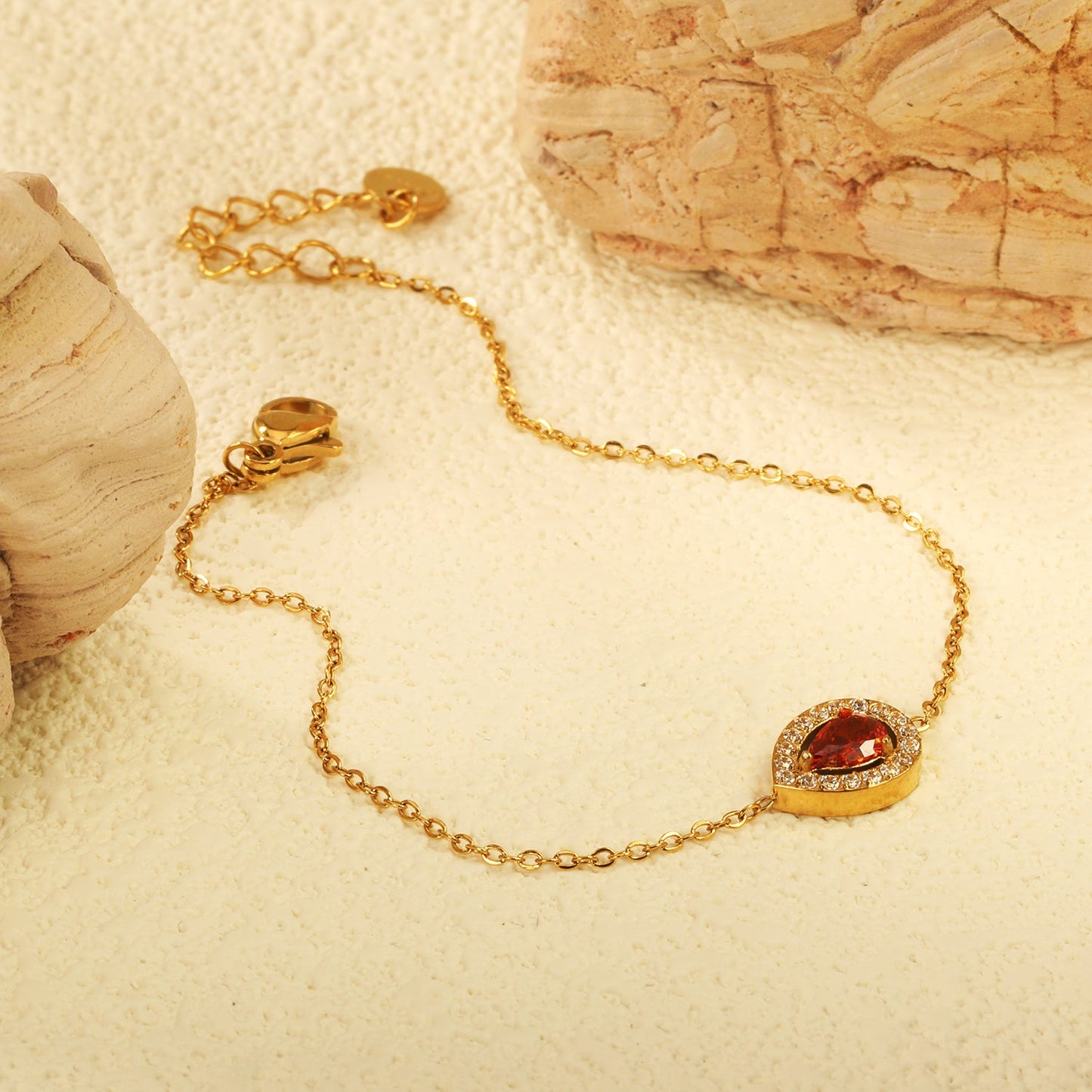 8.7*11mm Round with CNC White Zirconium Ring + Garnet Red Real Zirconium Accessories Bracelet 17+3cm+6mm Round End Plaque Steel/Golden asonjewelry