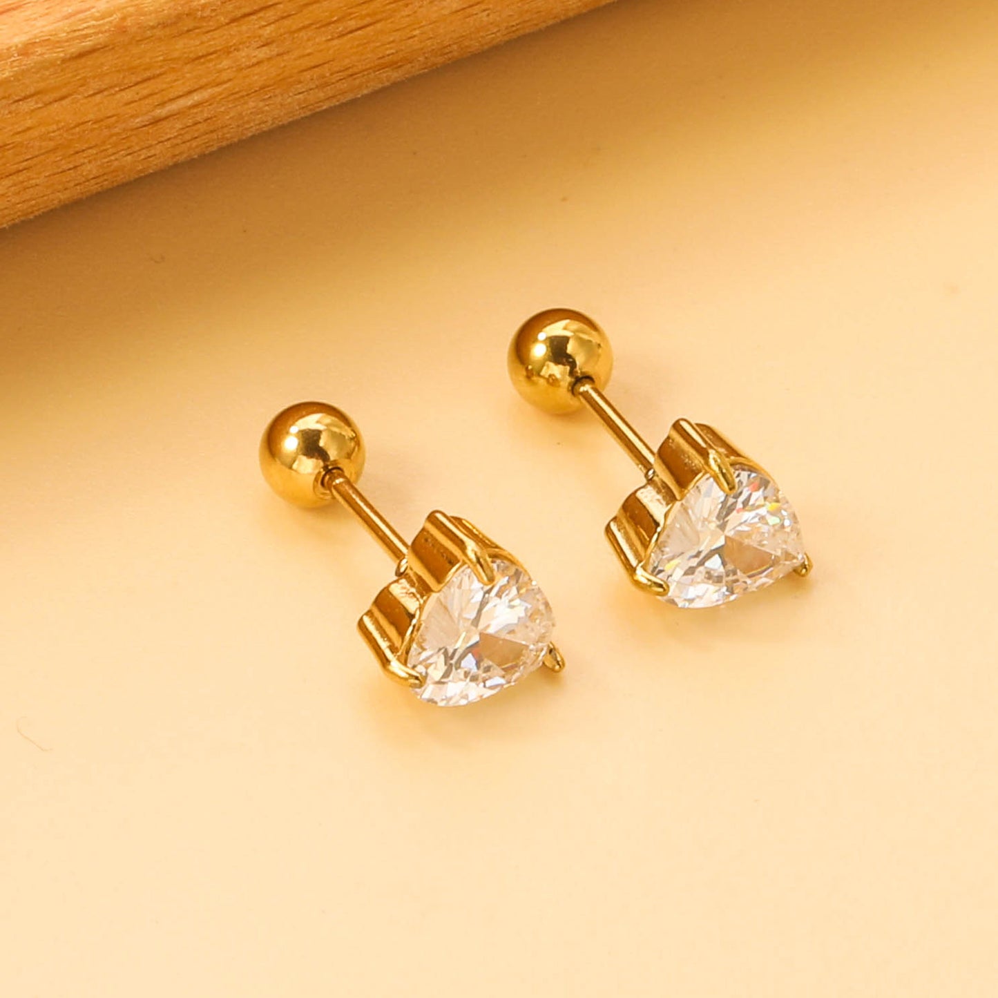 Steel ball screw-in heart shaped earrings with white diamonds 6*6.8mm asonjewelry