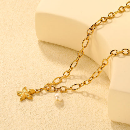 15.1 x 19.6mm starfish + 7.8 x 14.6mm pearl accessories 1.2 cross chain 40+5cm + 6mm necklace, gold asonjewelry