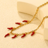 5x16mm Full Gold/Red Chili Pepper Pendant with 1.2mm 0-Link Chain, 40+5cm + 6mm Round Tag Necklace, Gold