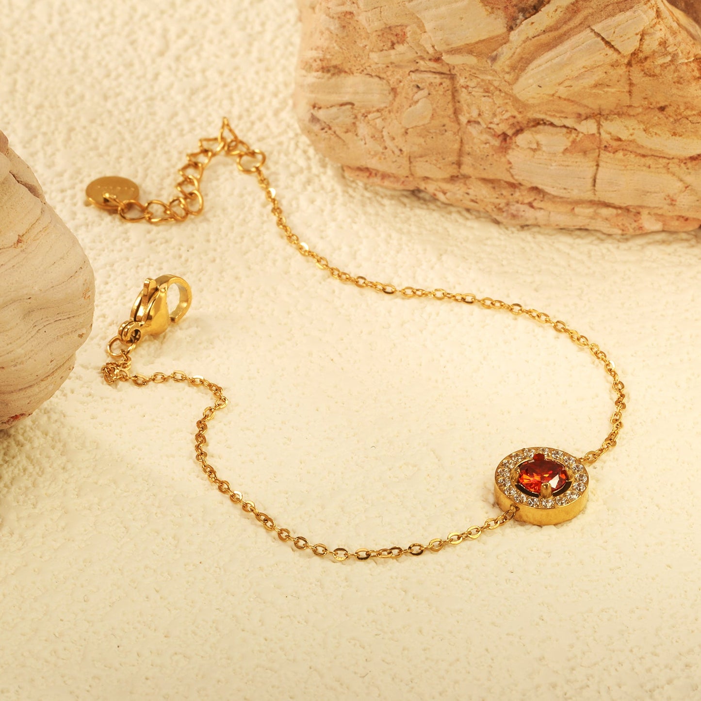 9.6mm round with CNC white zirconium circle + garnet red real zirconium accessories bracelet 17+3cm + 6mm round end plate steel color/golden asonjewelry