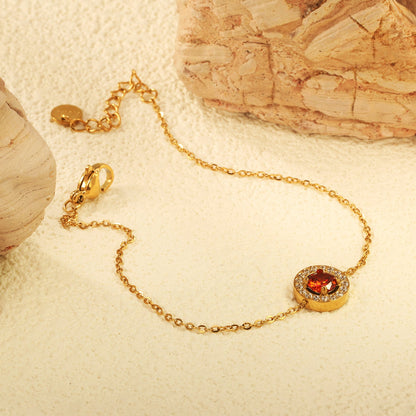 9.6mm round with CNC white zirconium circle + garnet red real zirconium accessories bracelet 17+3cm + 6mm round end plate steel color/golden asonjewelry