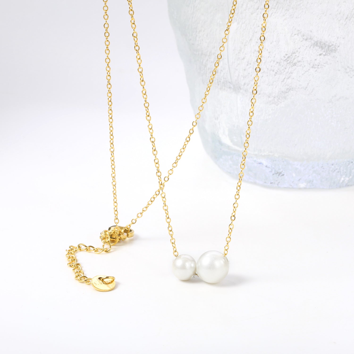 2 large and small white pearls 6.4+8mm necklace 44+5cm steel color asonjewelry