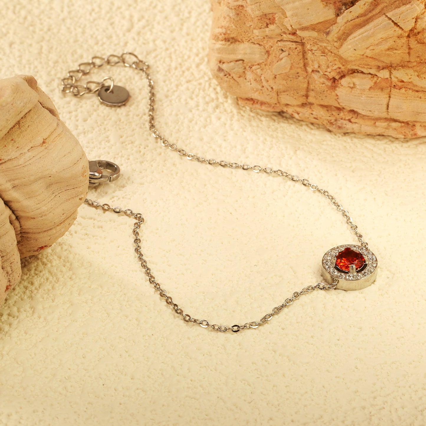 9.6mm round with CNC white zirconium circle + garnet red real zirconium accessories bracelet 17+3cm + 6mm round end plate steel color/golden asonjewelry