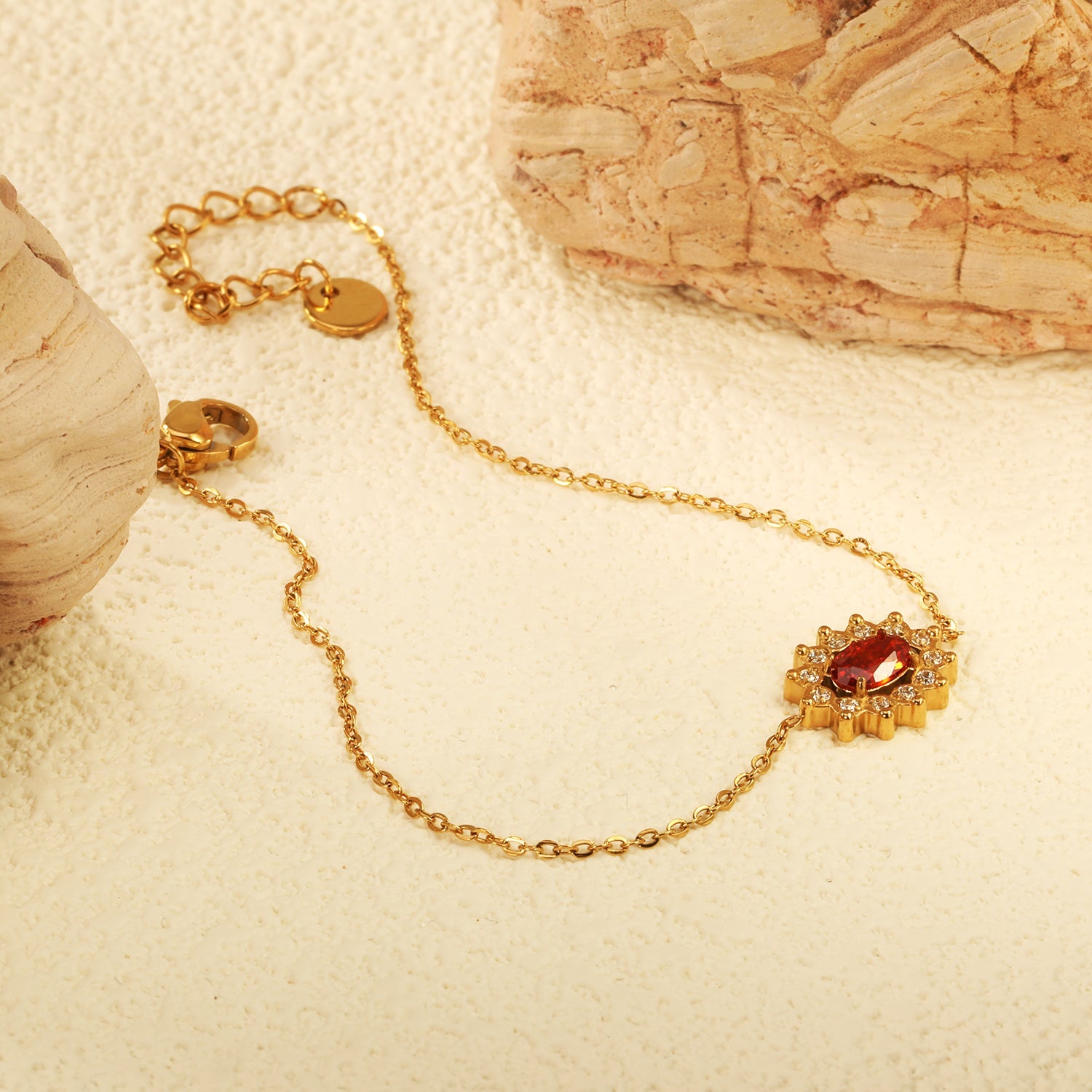 10.3*12.4mm Lace Oval with CNC White Zirconium Ring + Garnet Red Real Zirconium Accessories Bracelet 17+3cm+6mm Round End Plaque Steel/Golden asonjewelry