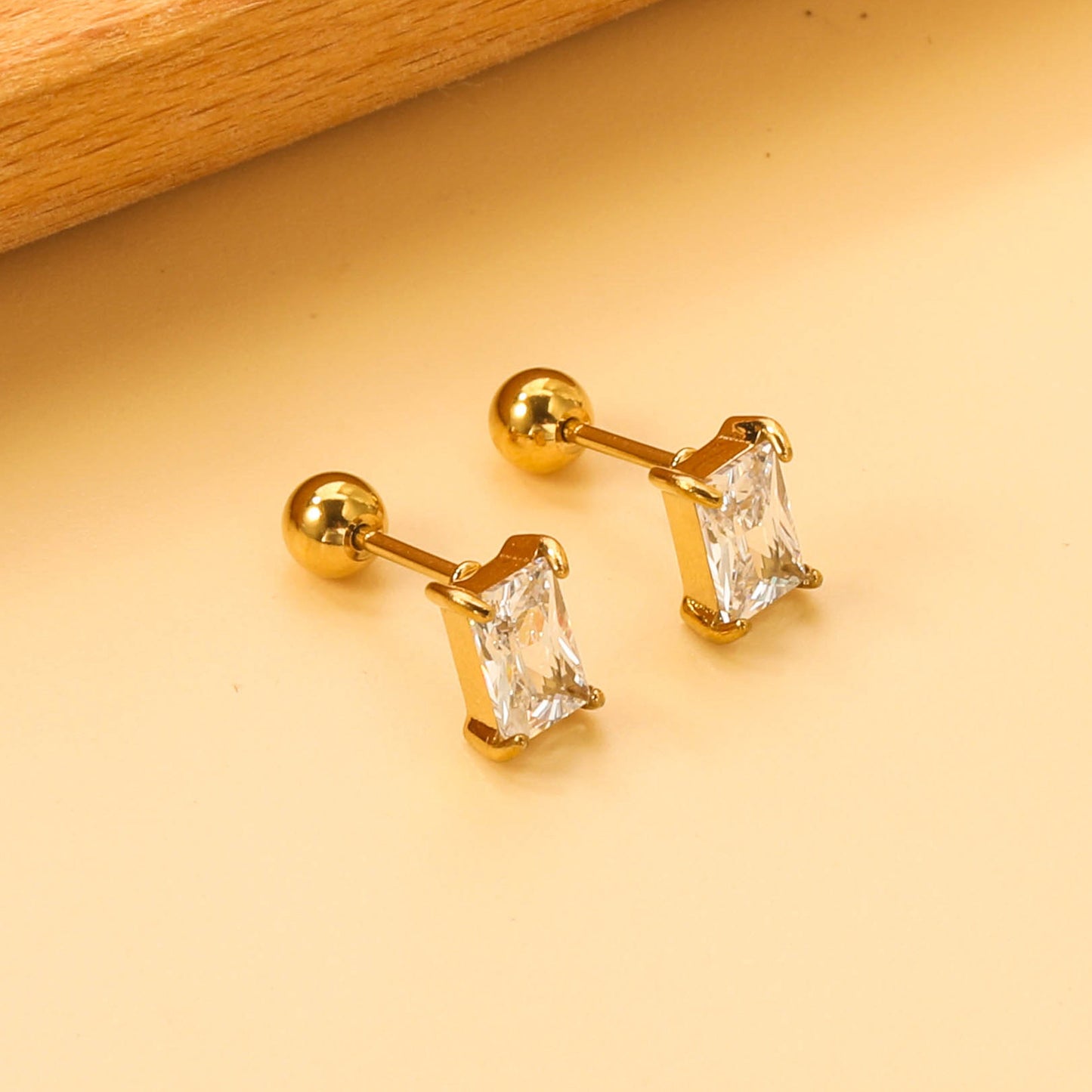 Steel ball screw-in rectangular earrings with white diamonds 5.2*7.2mm asonjewelry