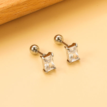 Steel ball screw-in rectangular earrings with white diamonds 5.2*7.2mm asonjewelry