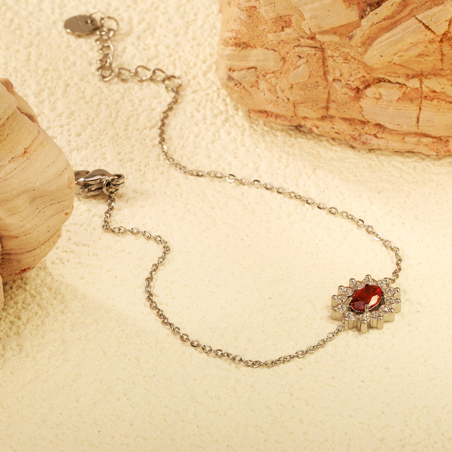 10.3*12.4mm Lace Oval with CNC White Zirconium Ring + Garnet Red Real Zirconium Accessories Bracelet 17+3cm+6mm Round End Plaque Steel/Golden asonjewelry