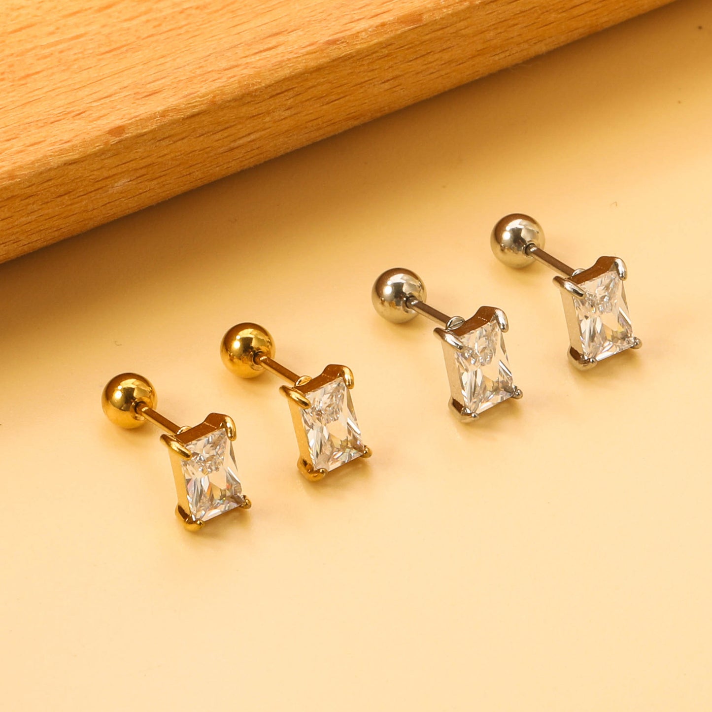 Steel ball screw-in rectangular earrings with white diamonds 5.2*7.2mm asonjewelry