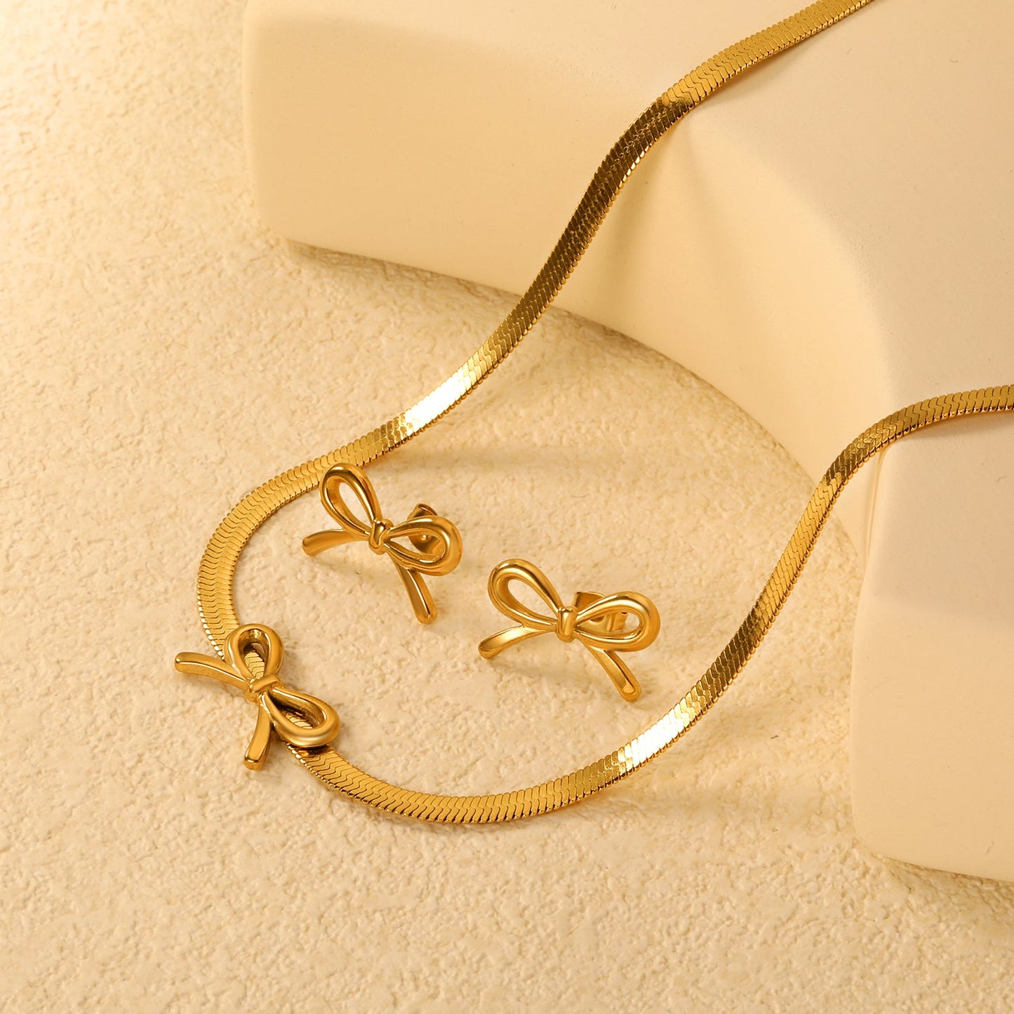 Bow Set Steel/Gold Earring: 12x20mm Pendant: 12x20mm 4mm Blade Chain 40+5cm+6mm Round Pendant asonjewelry