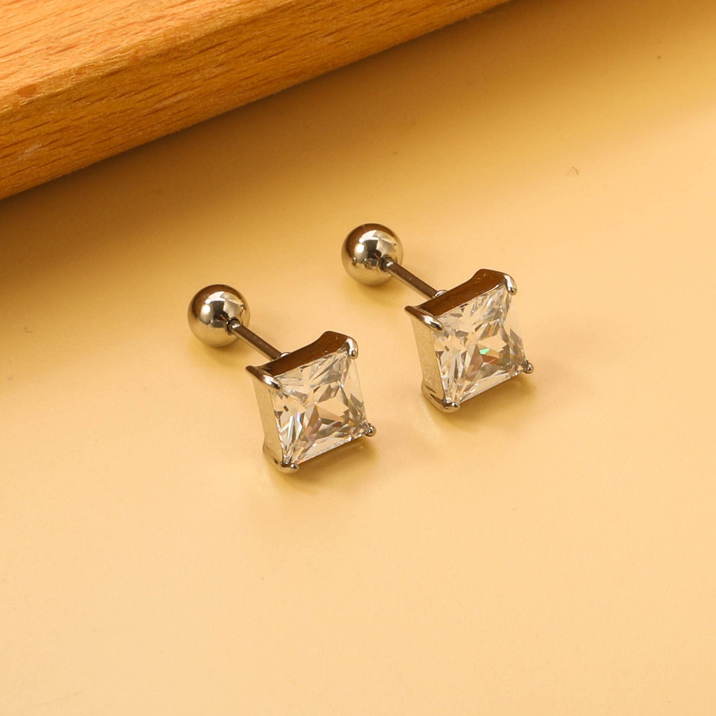 Steel Bead Screwback Square Stud Earrings with White Diamonds 6.9mm asonjewelry