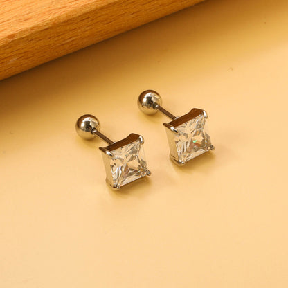 Steel Bead Screwback Square Stud Earrings with White Diamonds 6.9mm asonjewelry