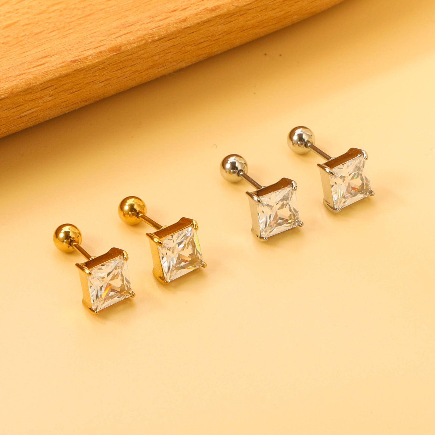 Steel Bead Screwback Square Stud Earrings with White Diamonds 6.9mm asonjewelry