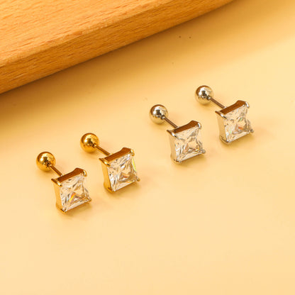 Steel Bead Screwback Square Stud Earrings with White Diamonds 6.9mm asonjewelry