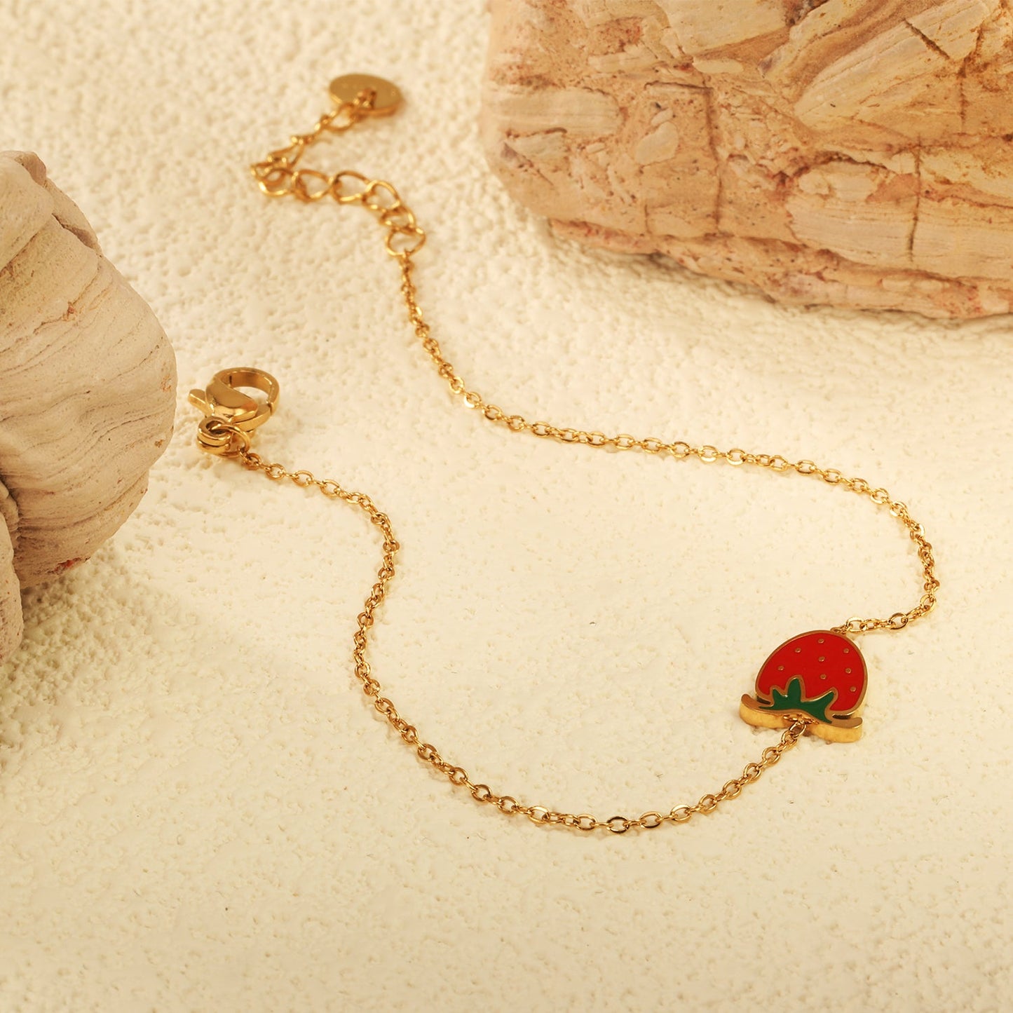 9*10mm Strawberry with Mixed Color Drip Oil Accessories Bracelet 17+3cm+6mm Round End Plaque Gold Color asonjewelry