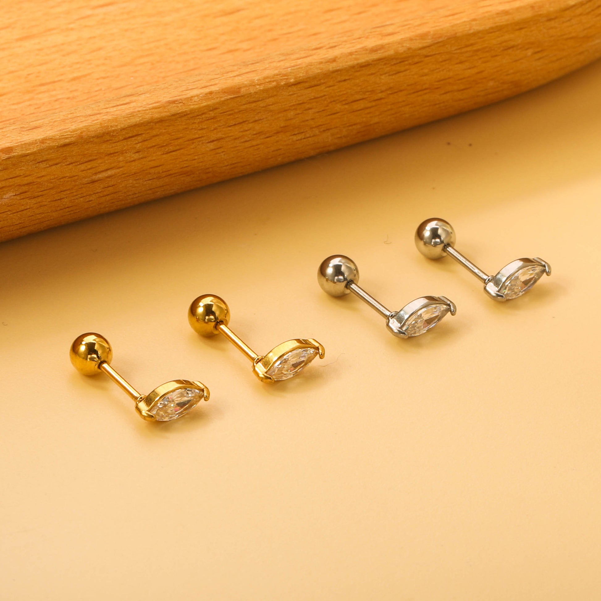 Steel Beads Screwback Horse Eye Earrings with White Diamonds 3.3*7.3mm asonjewelry