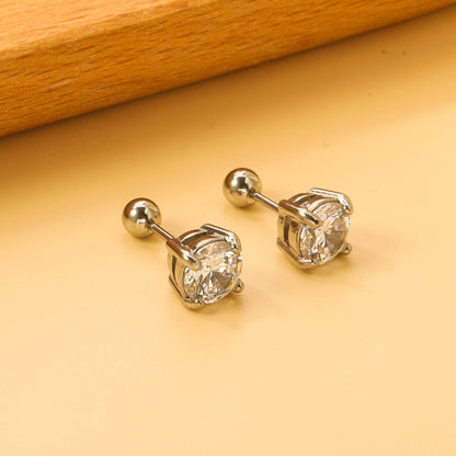 Steel Bead Screwback Round Earrings with White Diamonds 6.9mm asonjewelry