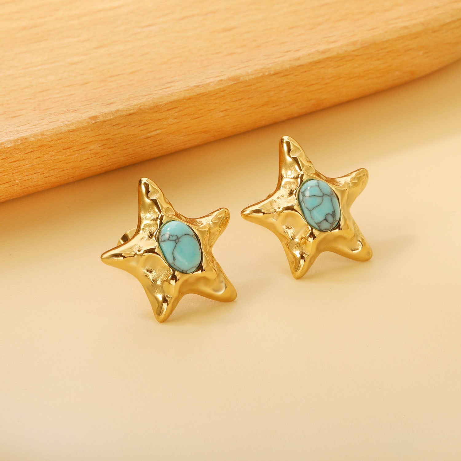 Starfish Pitted Faceted with Oval Blue Turquoise Earrings 21.7mm asonjewelry