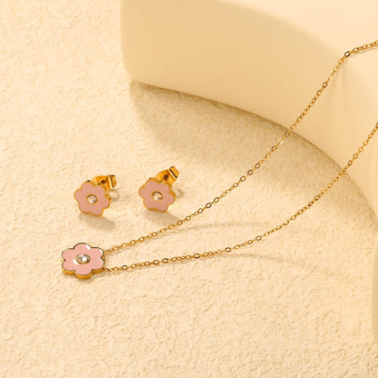 Pink/Light Blue Flower Drip Oil with Diamond Set Gold Earring: 9x10mm Pendant: 12x12mm 0.3mm Cross Chain 40+5cm + 6mm Round Pendant asonjewelry