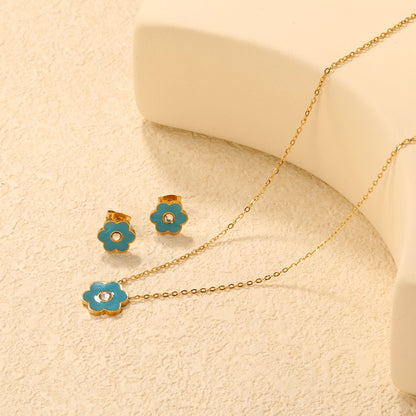 Pink/Light Blue Flower Drip Oil with Diamond Set Gold Earring: 9x10mm Pendant: 12x12mm 0.3mm Cross Chain 40+5cm + 6mm Round Pendant asonjewelry