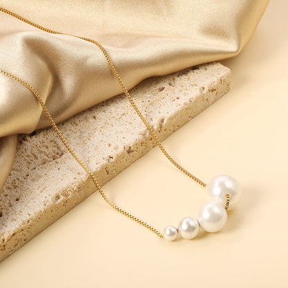 4 large and small white pearls 5+7+10+12mm necklace 45+5cm steel color asonjewelry