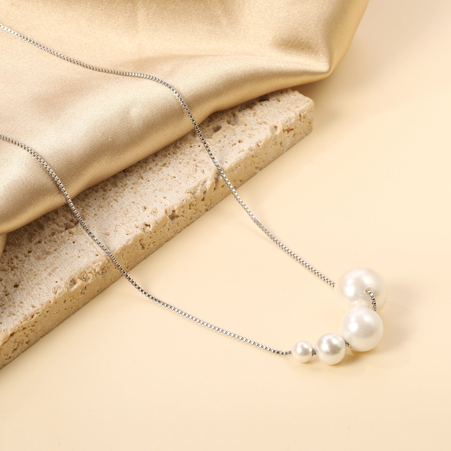 4 large and small white pearls 5+7+10+12mm necklace 45+5cm steel color asonjewelry