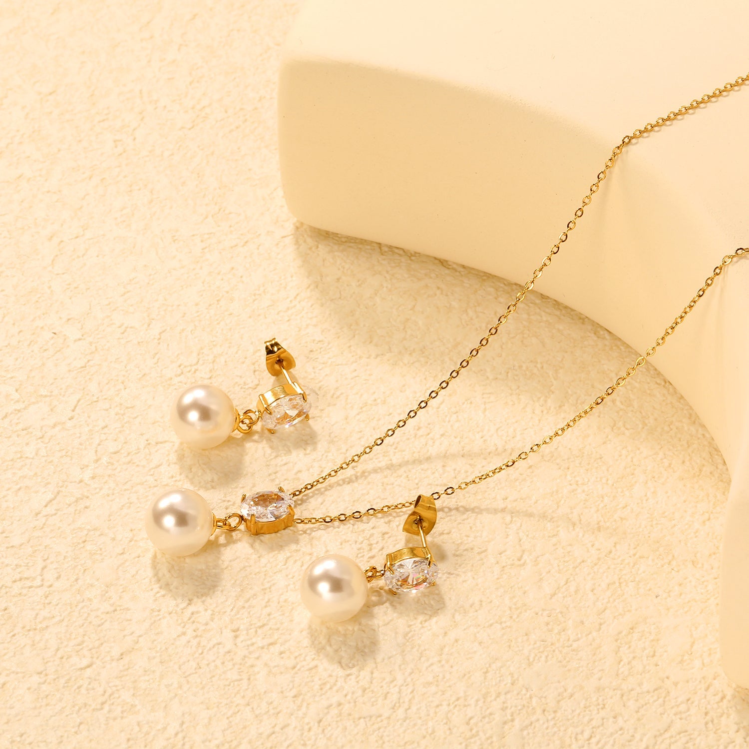 Oval White Zirconia + Pearl Set, Gold, Ear Studs: 6x8mm Oval White Zirconia + Pearl Earrings 10mm, Pendant: 6x8mm Oval White Zirconia + Pearl Pendant 10mm, 0.3mm Cross Chain 40+5cm + 6mm Round Pendant asonjewelry