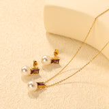 Rectangular purple zirconia + pearl earrings Rectangular purple zirconia + pearl earrings Pendant: Rectangular purple zirconia + pearl pendant