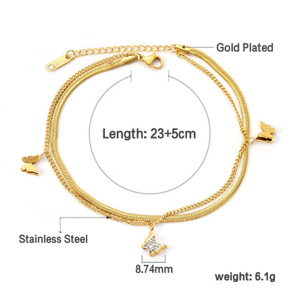 1 Butterfly with White Clay Diamonds + 2 Butterflies 8.7*7.4mm with Chain Double Chain Anklet 23+23+5cm Golden asonjewelry