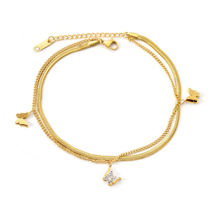 1 Butterfly with White Clay Diamonds + 2 Butterflies 8.7*7.4mm with Chain Double Chain Anklet 23+23+5cm Golden asonjewelry