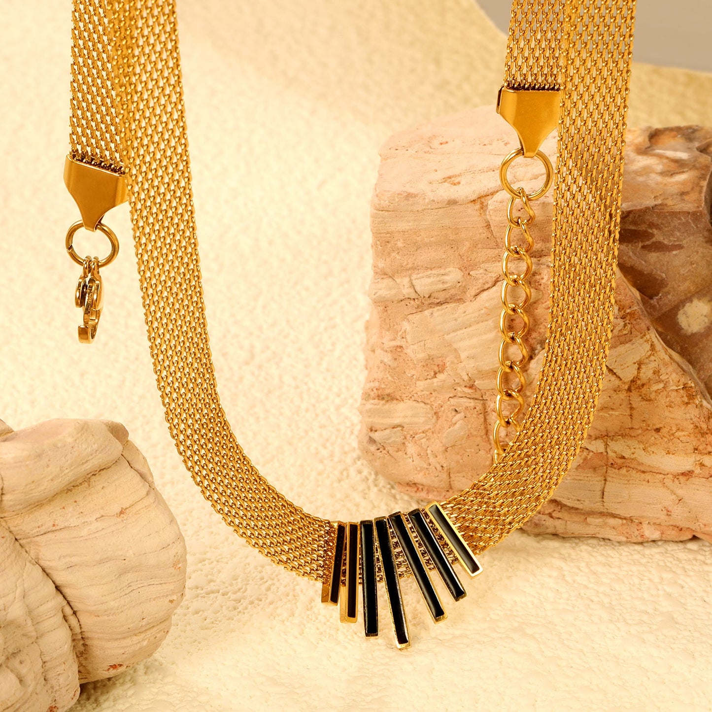 22*18mm black oil drop/golden long and short vertical bar accessories 8mm mesh chain necklace 40+5cm+6mm round plaque gold color asonjewelry