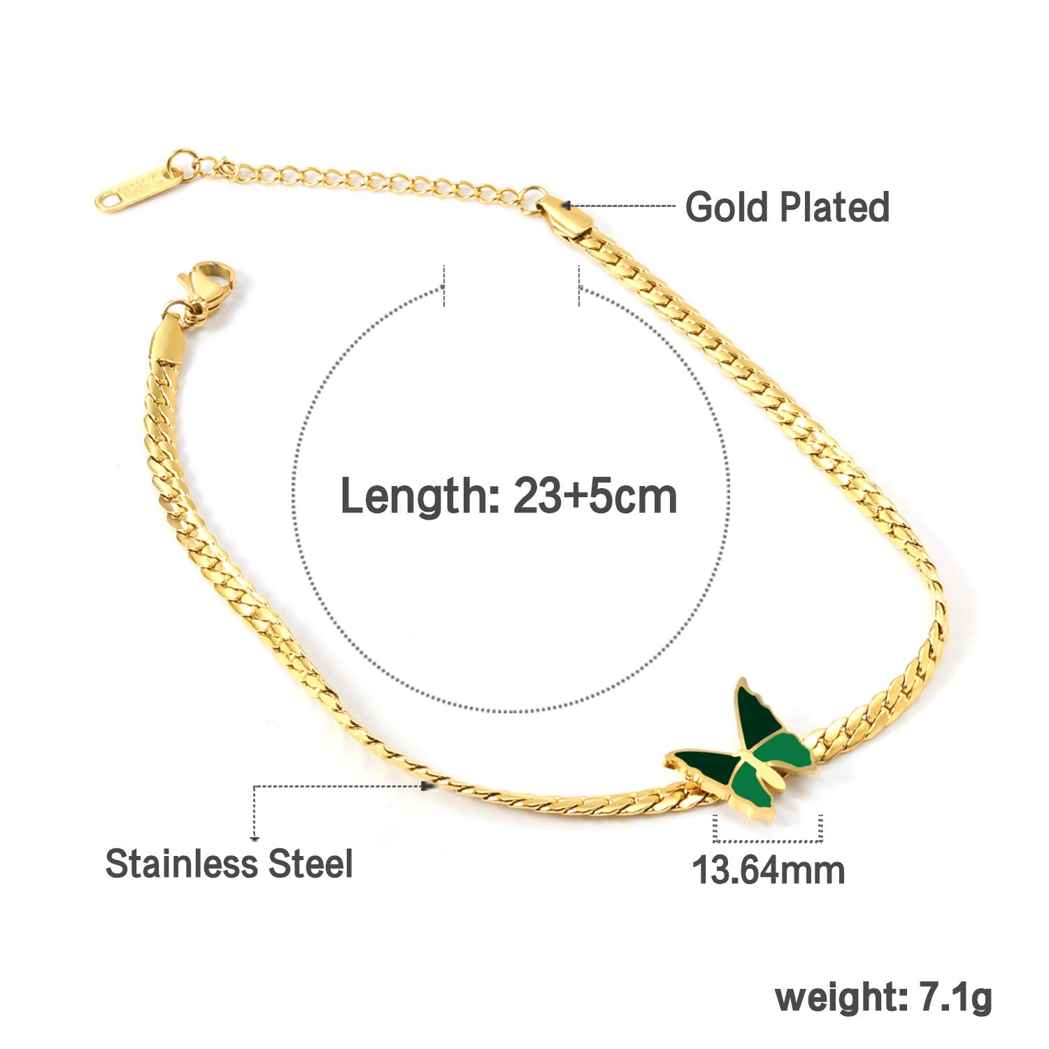 Butterfly with Green Drip Oil 13.7*13mm Anklet 23+5cm Gold Color asonjewelry