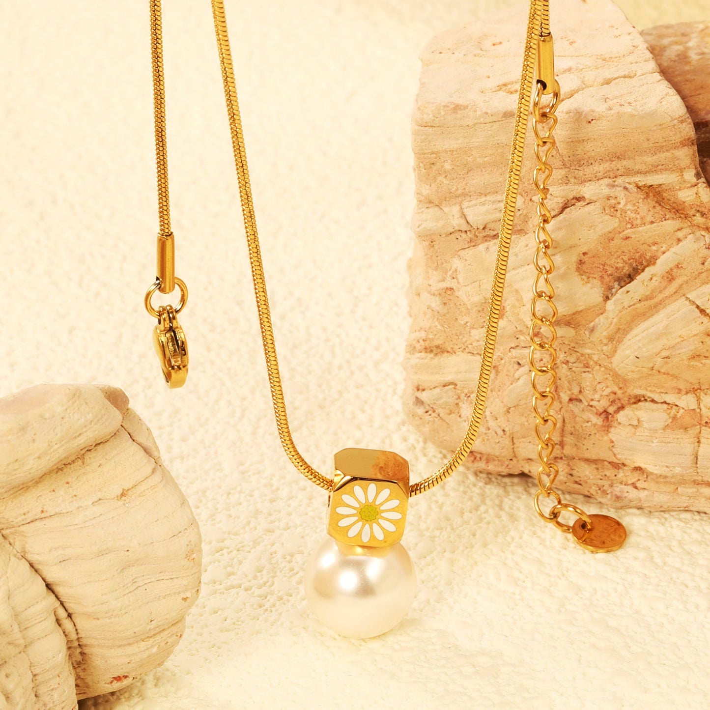 8mm chamfered square+12mm pearl pendant necklace cross chain 40+5cm+6mm round plaque gold color asonjewelry