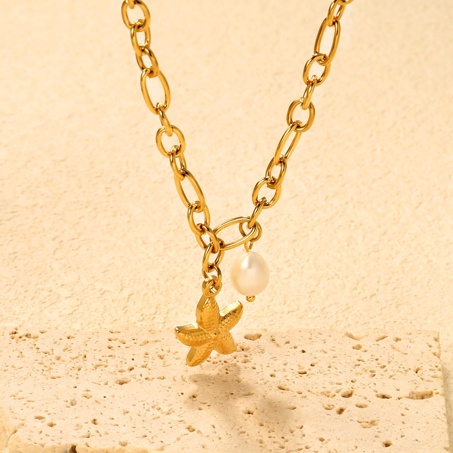 15.1 x 19.6mm starfish + 7.8 x 14.6mm pearl accessories 1.2 cross chain 40+5cm + 6mm necklace, gold asonjewelry