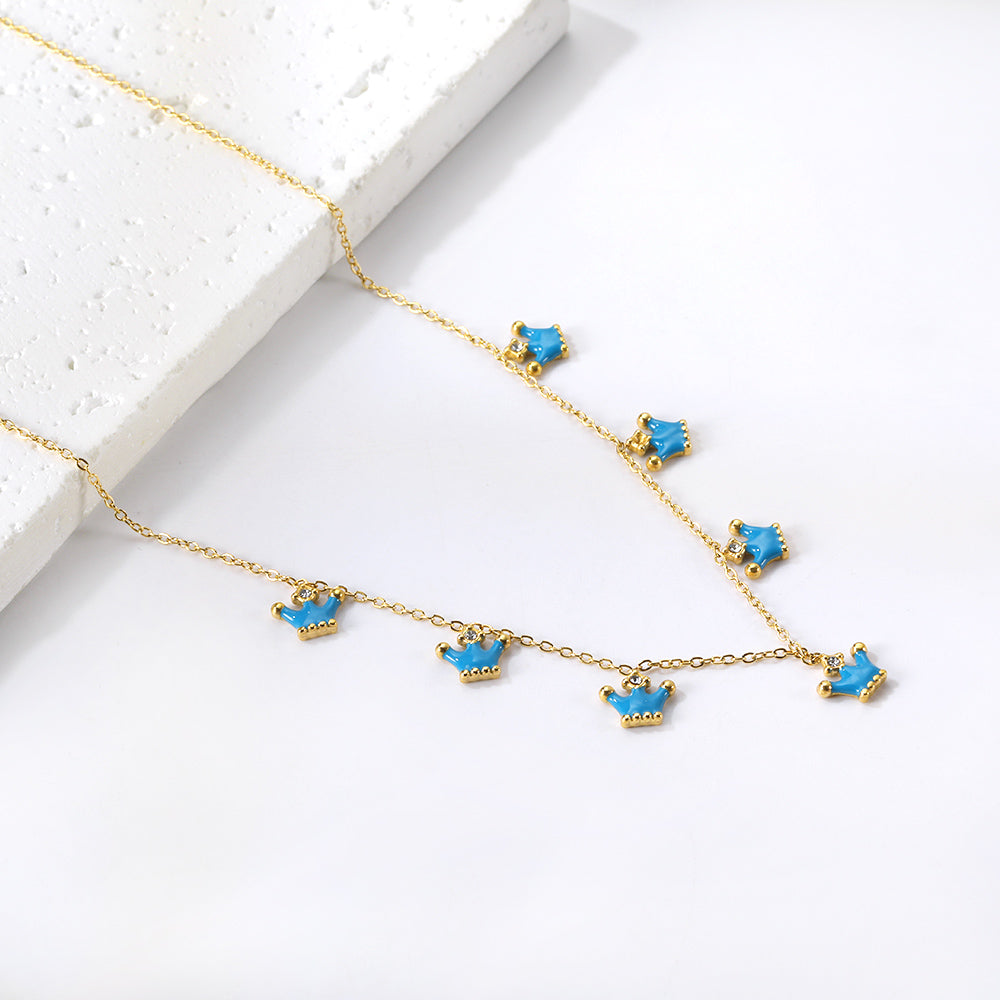 7 Blue Drops Oil Crown Pendant with Diamond Necklace 40+5cm asonjewelry