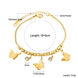 3 Butterflies 12*10mm+2 Round White Diamond Pendants 5mm+10 Round Beads+5 Round Pillars Bracelet 18+5cm Golden