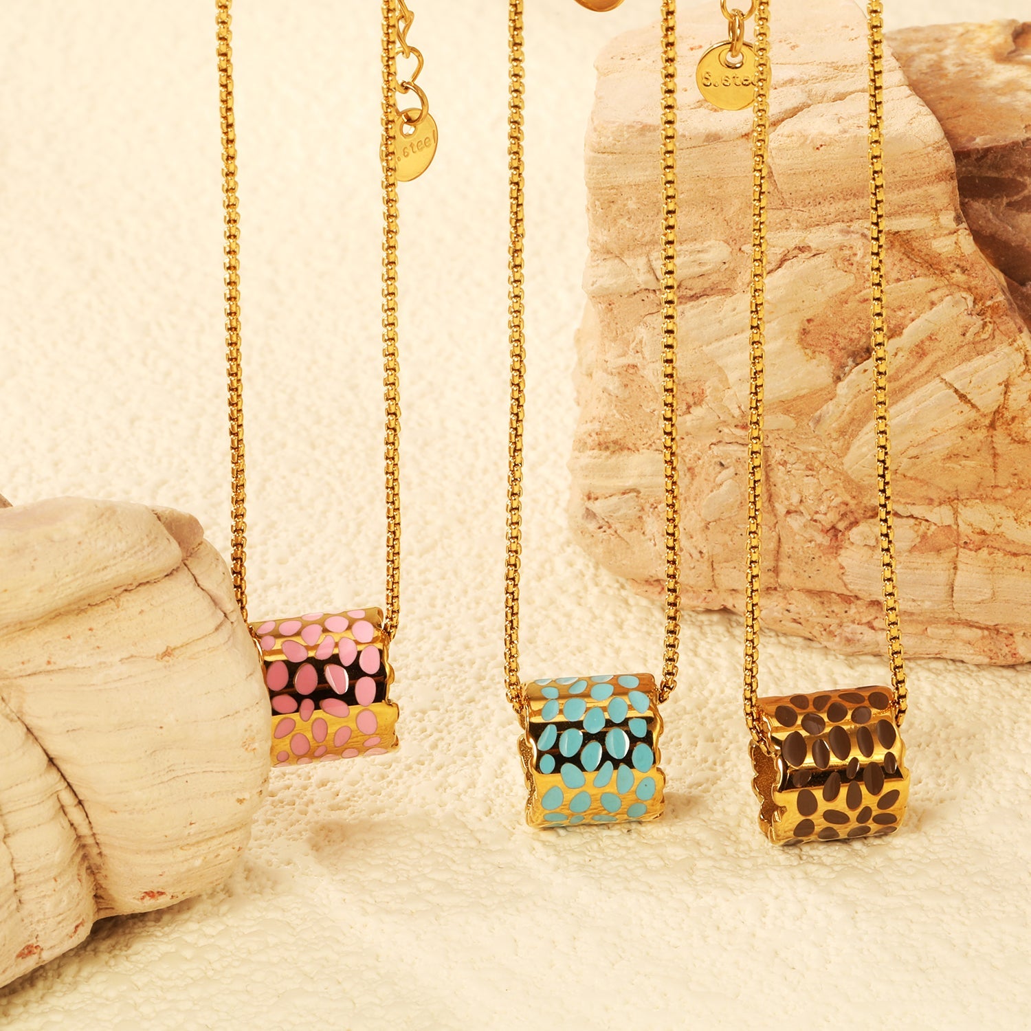 11*12mm hollow cylinder with light curry/pink/blue speckled oil drop pendant necklace 1.2 square pearl chain 40+5cm+6mm round piece gold color asonjewelry