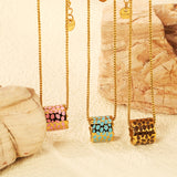 11*12mm hollow cylinder with light curry/pink/blue speckled oil drop pendant necklace 1.2 square pearl chain 40+5cm+6mm round piece gold color