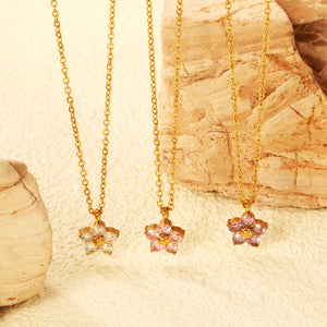 9.3mm five petal flower with round white/purple/pink zirconium pendant necklace 0.35 cross chain 45+5cm+6mm round plate